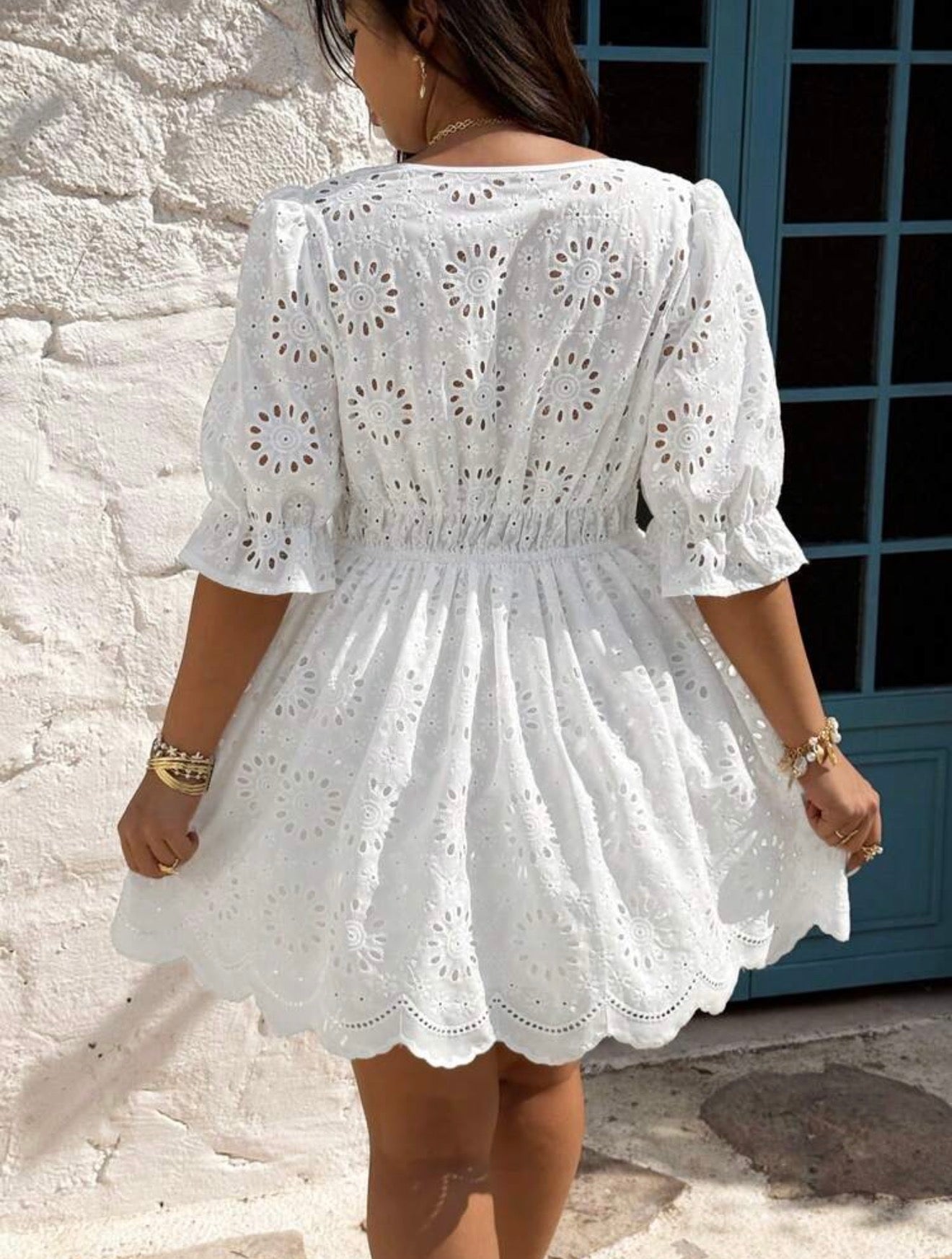 Sunnyshic Plus Size V-Neck Embroidered Puff Sleeve Dress