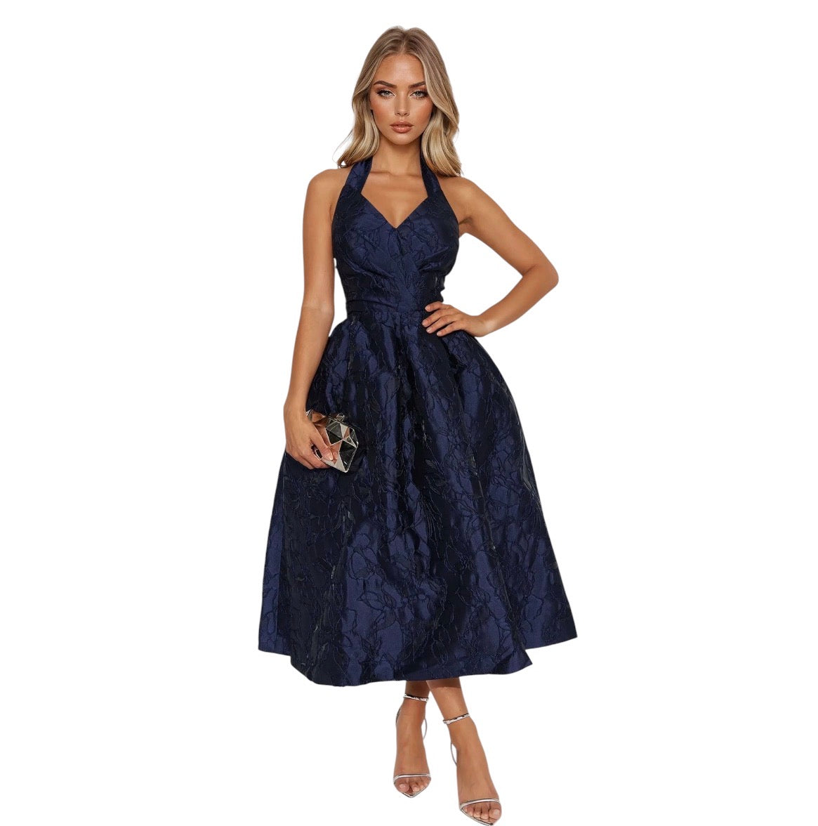 Keep You Enchanted Jacquard Halter Midi Dress Navy