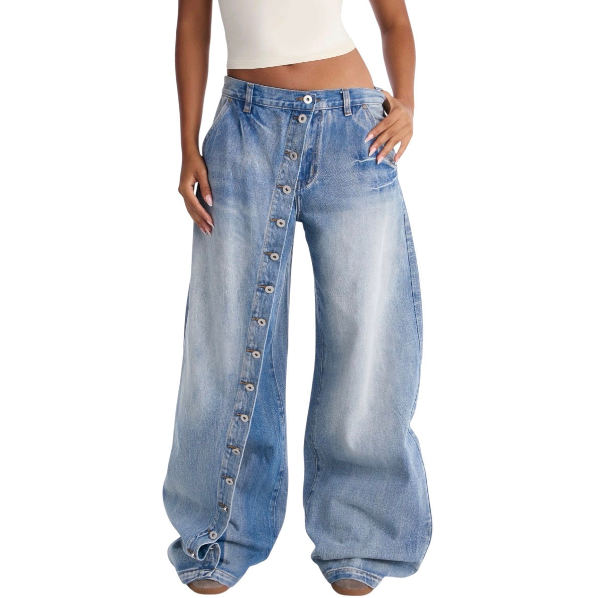 Downtown Asymmetrical Button Fly Overlay Jeans Light Wash