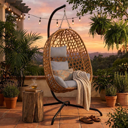 URBNLIVING Hanging Egg Chair with Stand PE Rattan Indoor Outdoor Swing Seat