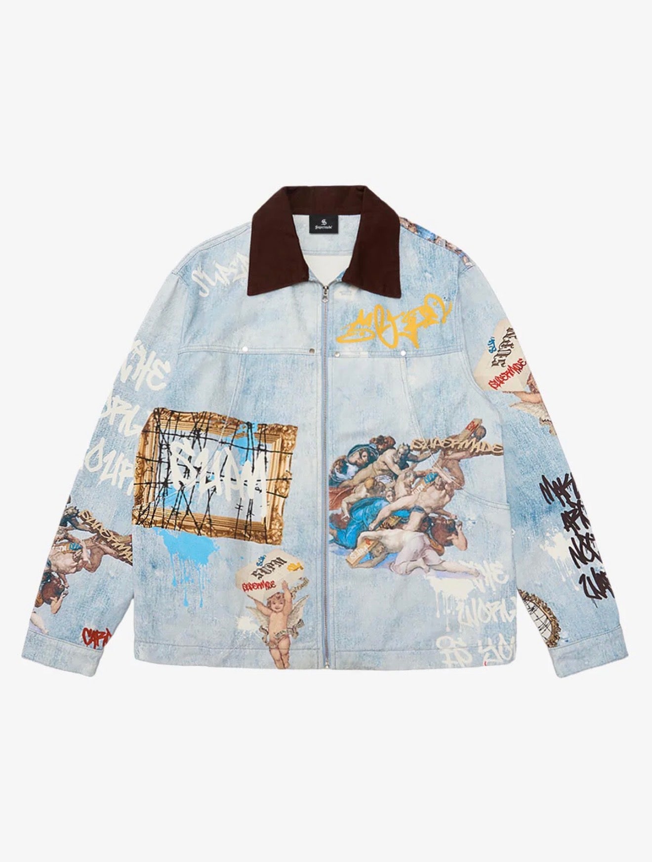 ARTISTIC PATCHES GRAPHIC DISTRESSED DENIM JACKET