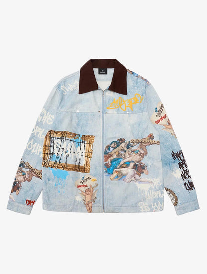 ARTISTIC PATCHES GRAPHIC DISTRESSED DENIM JACKET
