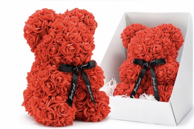 25cm Rose Bear with Transparent Gift Box & Black Ribbon, Rose Petals Teddy Bear Presents for Women, Artificial Flowers Rose Bear Valentines Gifts for Her, for Girlfriend (Red)
