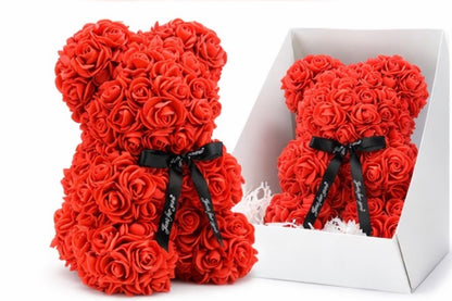 25cm Rose Bear with Transparent Gift Box & Black Ribbon, Rose Petals Teddy Bear Presents for Women, Artificial Flowers Rose Bear Valentines Gifts for Her, for Girlfriend (Red)