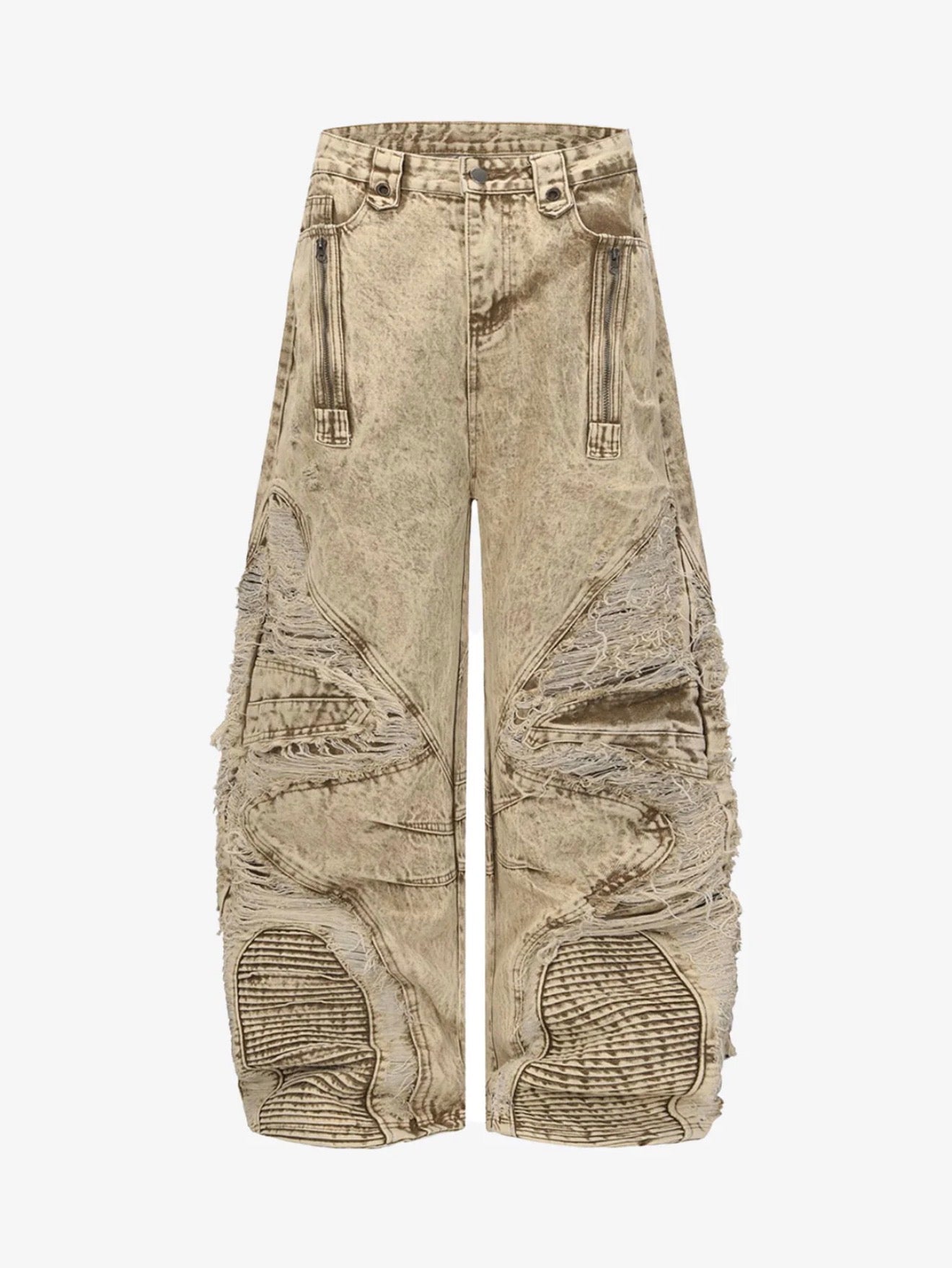 DISTRESSED RAW-EDGE PANEL SCULPTED WIDE-LEG JEANS
