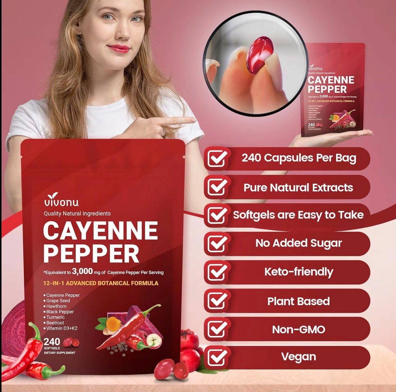 VivoNu Cayenne Pepper Softgels 240 Count Vitamin D3 K2 E Supplement