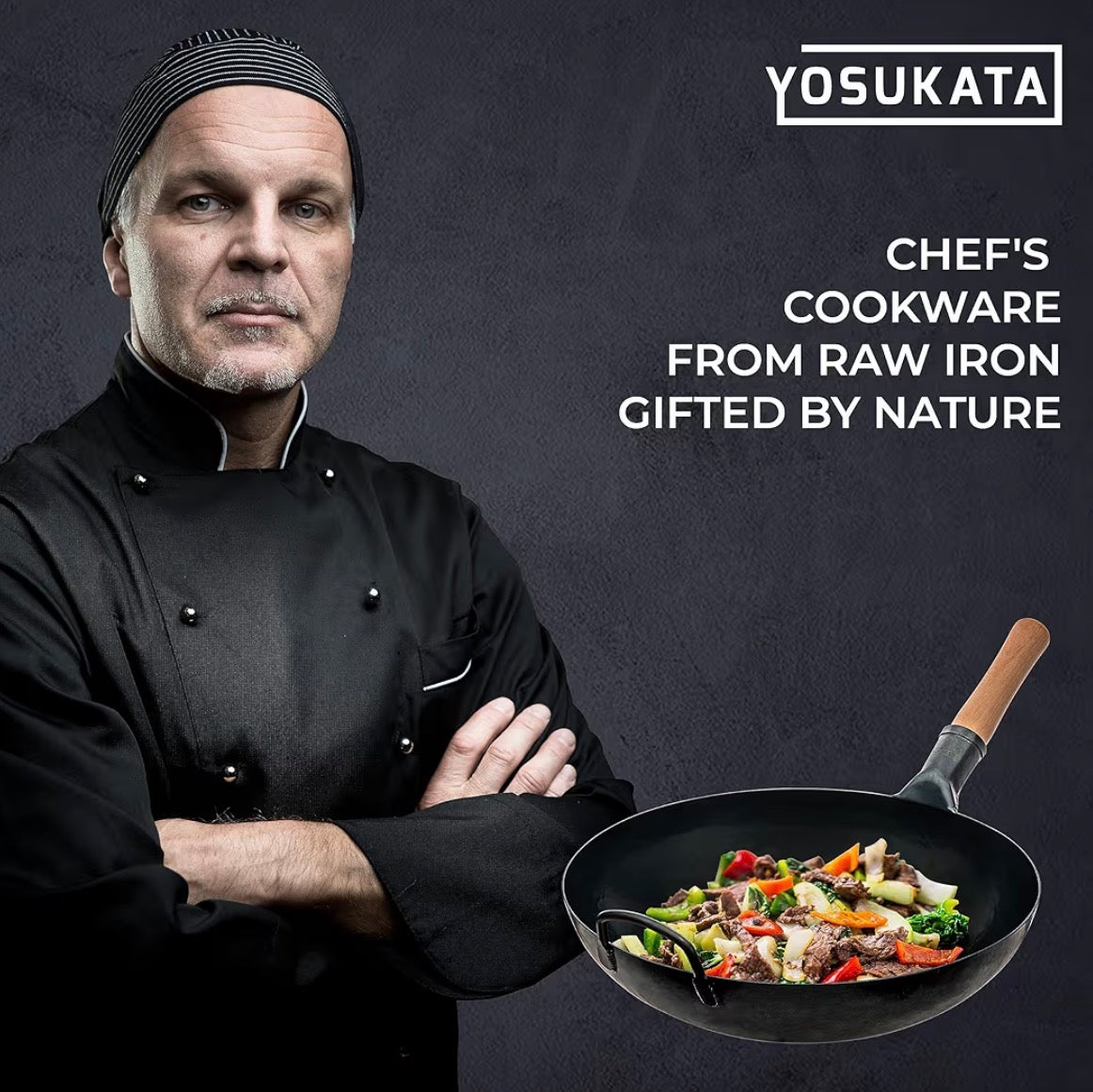 YOSUKATA 36 cm Round Bottom Carbon Steel Wok Pan – Blue Pre-Seasoned Pow Wok for Stir Fry, BBQ, Grill & Camping – Traditional Japanese & Chinese Cookware – Compatible with Gas Stoves & Open Fire Only