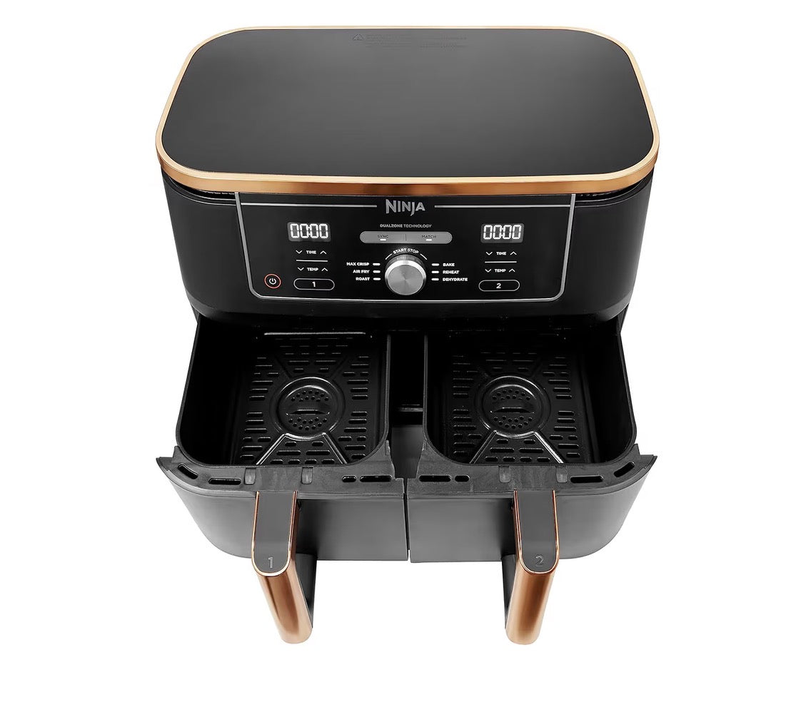 Foodi MAX Dual Zone Air Fryer, Amazon Exclusive, Tongs, 2 Drawers, 9.5L, 6-in-1, Use No Oil, Air Fry, Max Crisp, Roast, Bake, 8 Portions, Nonstick Dishwasher Safe Baskets, Copper/Black AF400UKCP