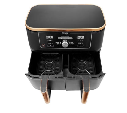 Foodi MAX Dual Zone Air Fryer, Amazon Exclusive, Tongs, 2 Drawers, 9.5L, 6-in-1, Use No Oil, Air Fry, Max Crisp, Roast, Bake, 8 Portions, Nonstick Dishwasher Safe Baskets, Copper/Black AF400UKCP