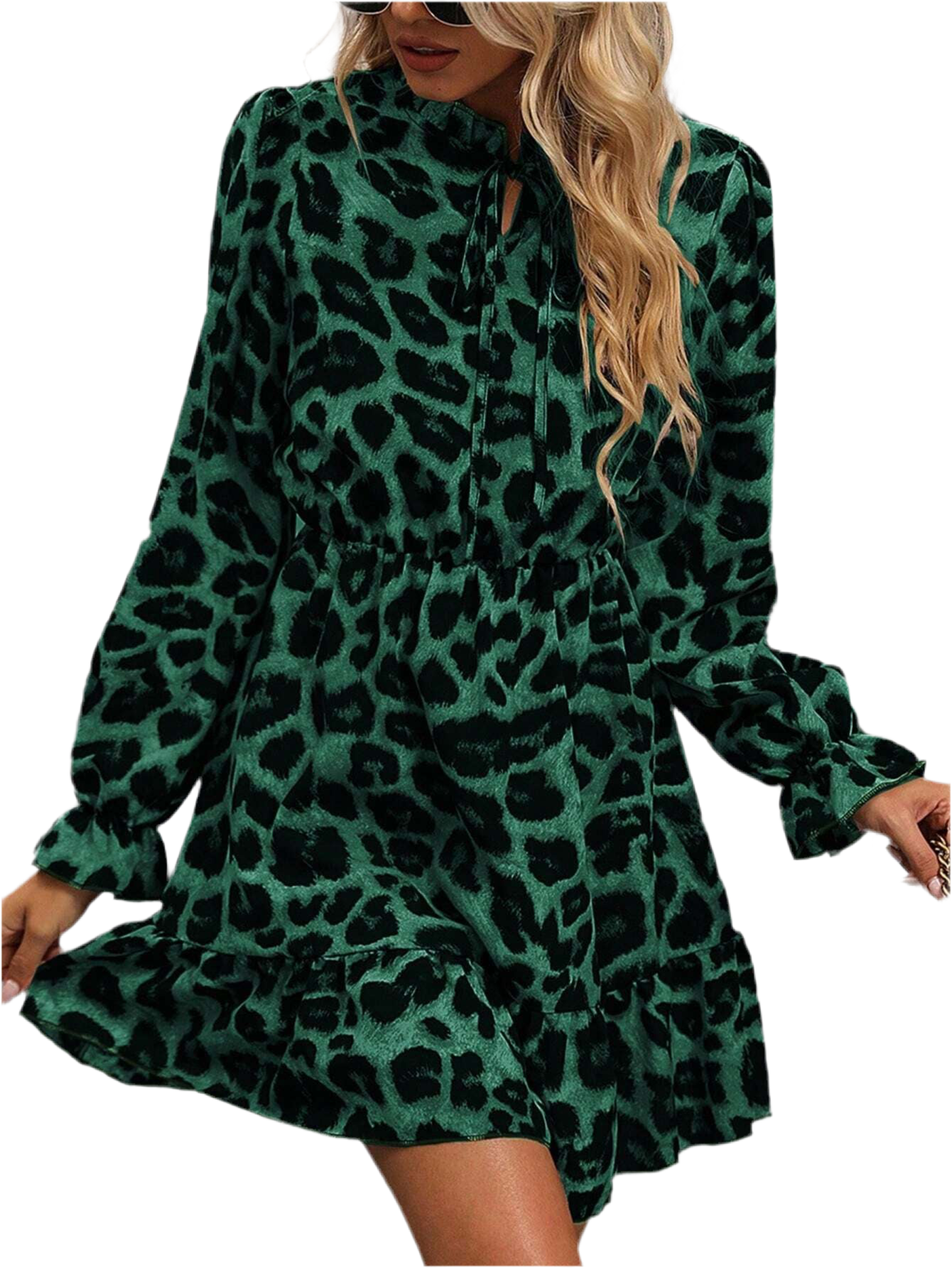 Chic Plus Size Autumn Leopard Print Dress with Stand Collar and Cinched Waist