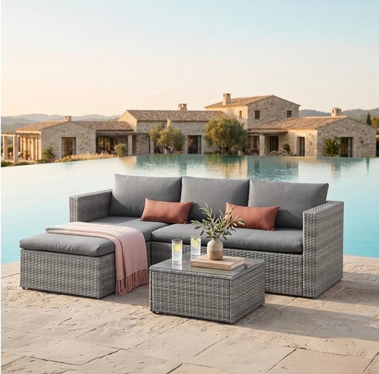 EVRE Malibu Rattan Garden Furniture Set with 3 Seater Sofa & Coffee Table