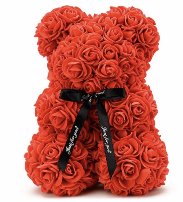 25cm Rose Bear with Transparent Gift Box & Black Ribbon, Rose Petals Teddy Bear Presents for Women, Artificial Flowers Rose Bear Valentines Gifts for Her, for Girlfriend (Red)