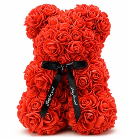 25cm Rose Bear with Transparent Gift Box & Black Ribbon, Rose Petals Teddy Bear Presents for Women, Artificial Flowers Rose Bear Valentines Gifts for Her, for Girlfriend (Red)