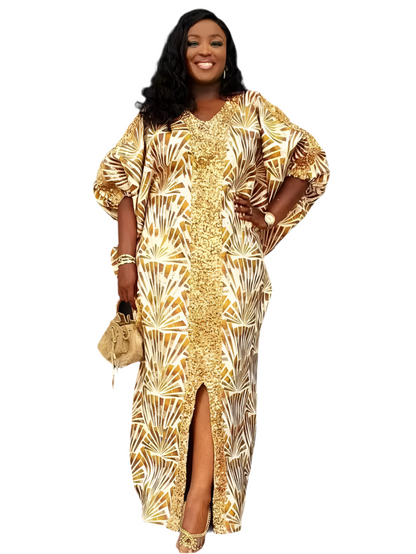 Plus Size African Dashiki Ankara Sequin Kaftan – Elegant Maxi Dress for Weddings & Special Occasions