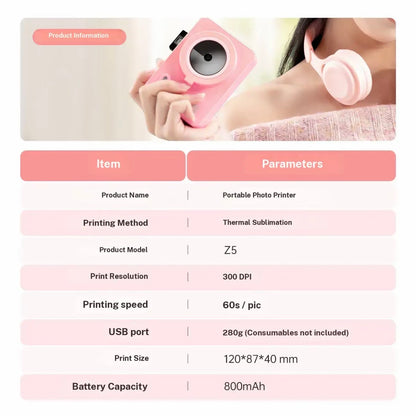 Hanin Z5S Instant Photo Printer Bluetooth Thermal Sublimation