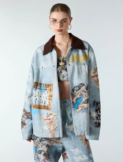 ARTISTIC PATCHES GRAPHIC DISTRESSED DENIM JACKET