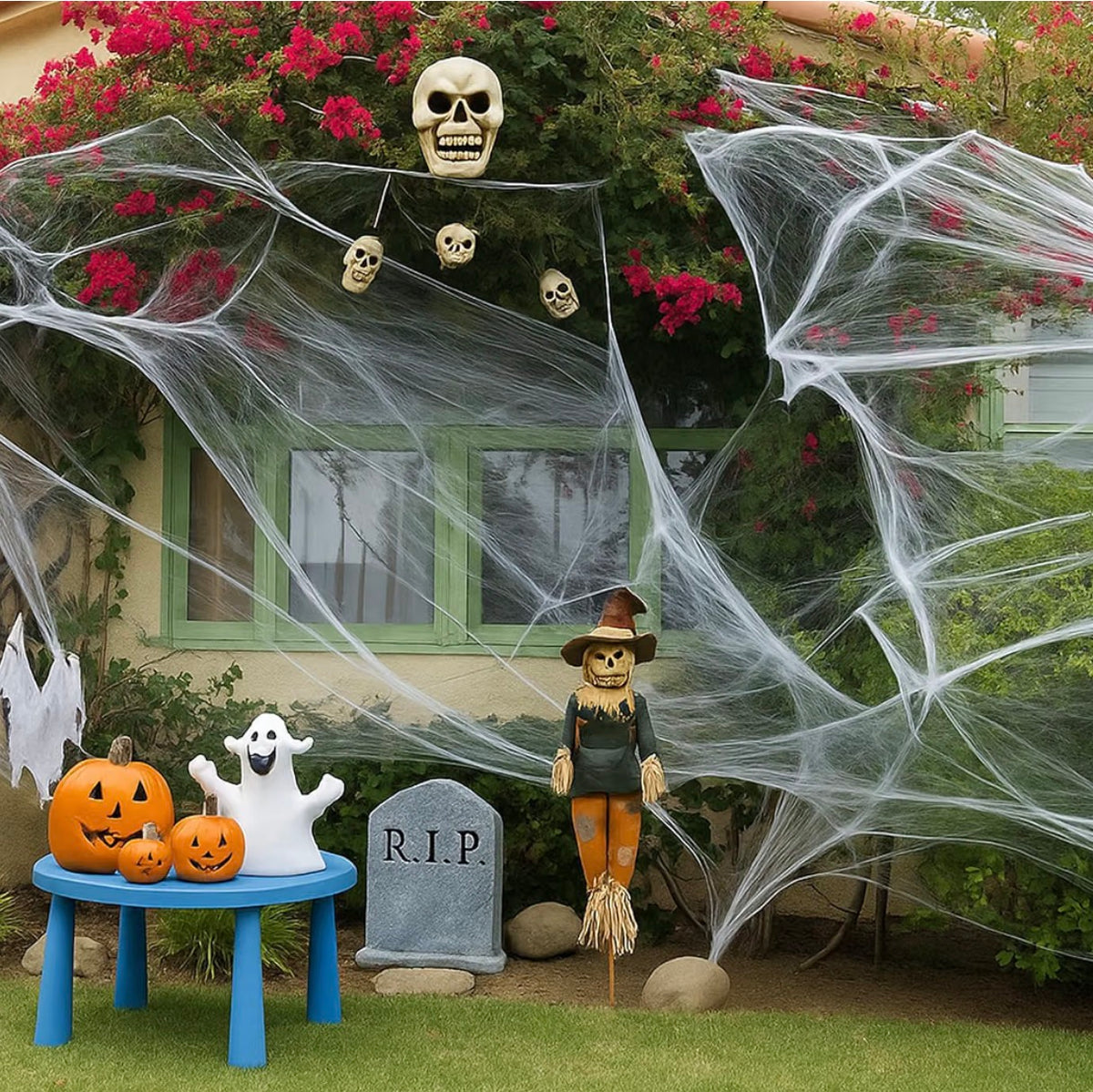 Halloween Spider Web Decoration Set 300g | 60 Black Spiders