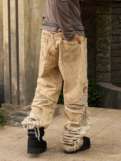 DISTRESSED RAW-EDGE PANEL SCULPTED WIDE-LEG JEANS