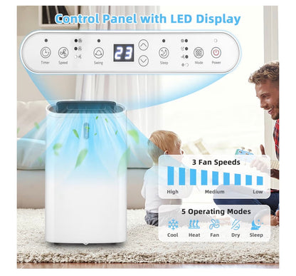 TANGZON 5-in-1 Portable Air Conditioner 12000 BTU, Mobile Air Conditioning Unit, Heater, Dehumidifier, 3 Speeds Fan with Sleep Mode, Remote Control, 24H Timer, Digital Display & Window Kit, AC Unit