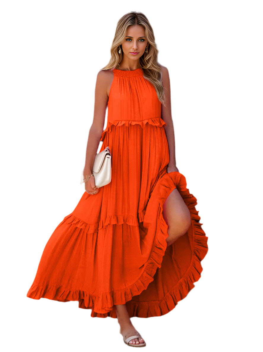 Ruffled Sleeveless Tiered Maxi Dress with Pockets