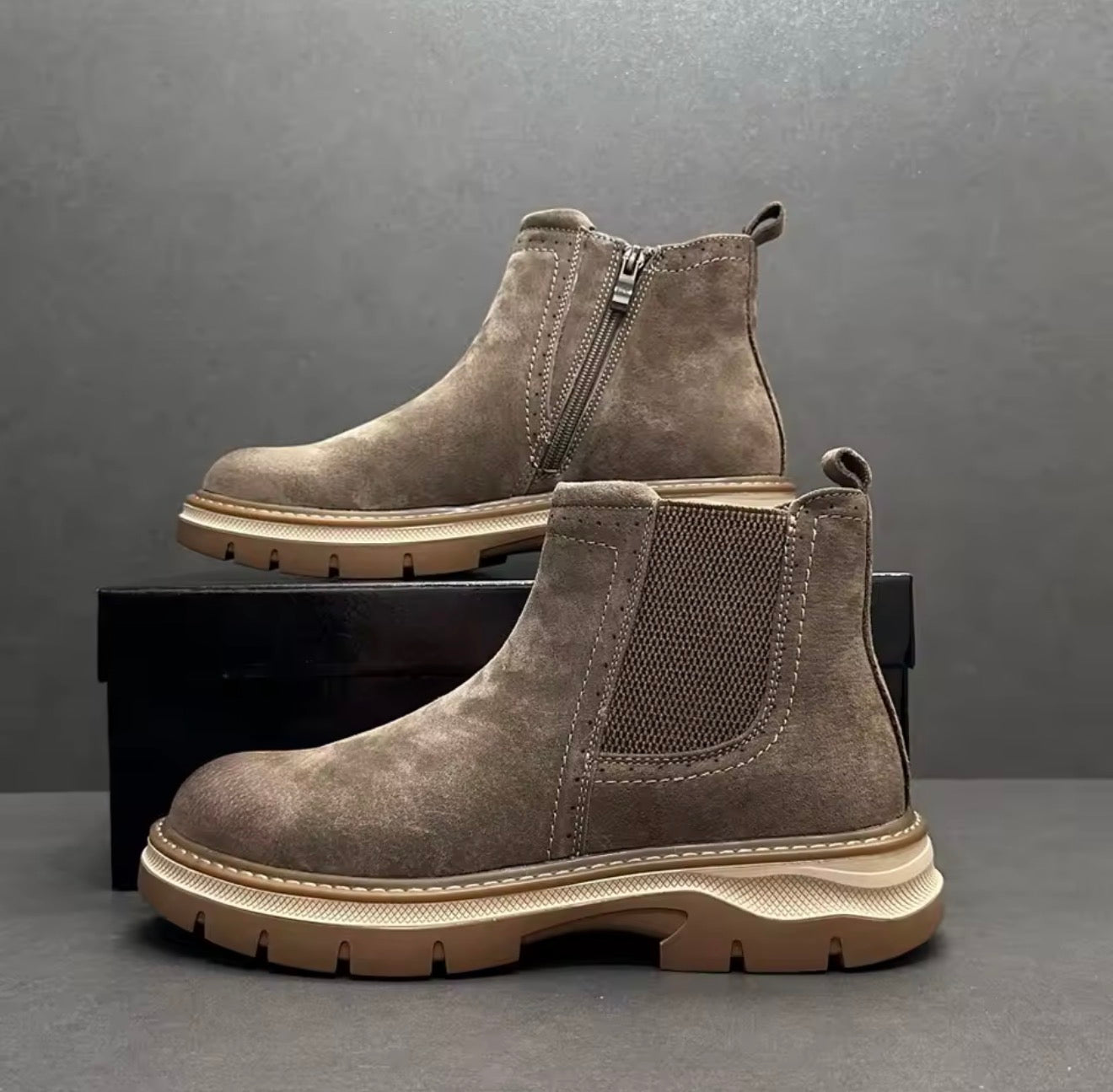American Style  Boots High Top Men's Chelsea Boots Retro Work Leather Boots Autumn New Side Zip Short Boots British
