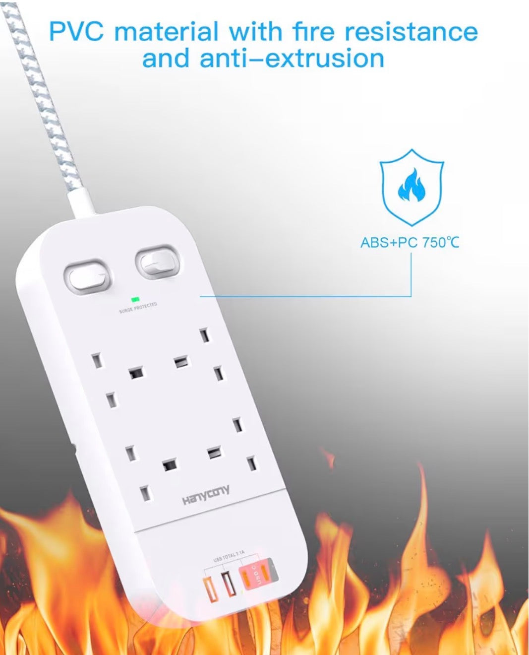 4-Way Surge Protector Extension Lead 4 USB Ports 1.8M Braided Cable