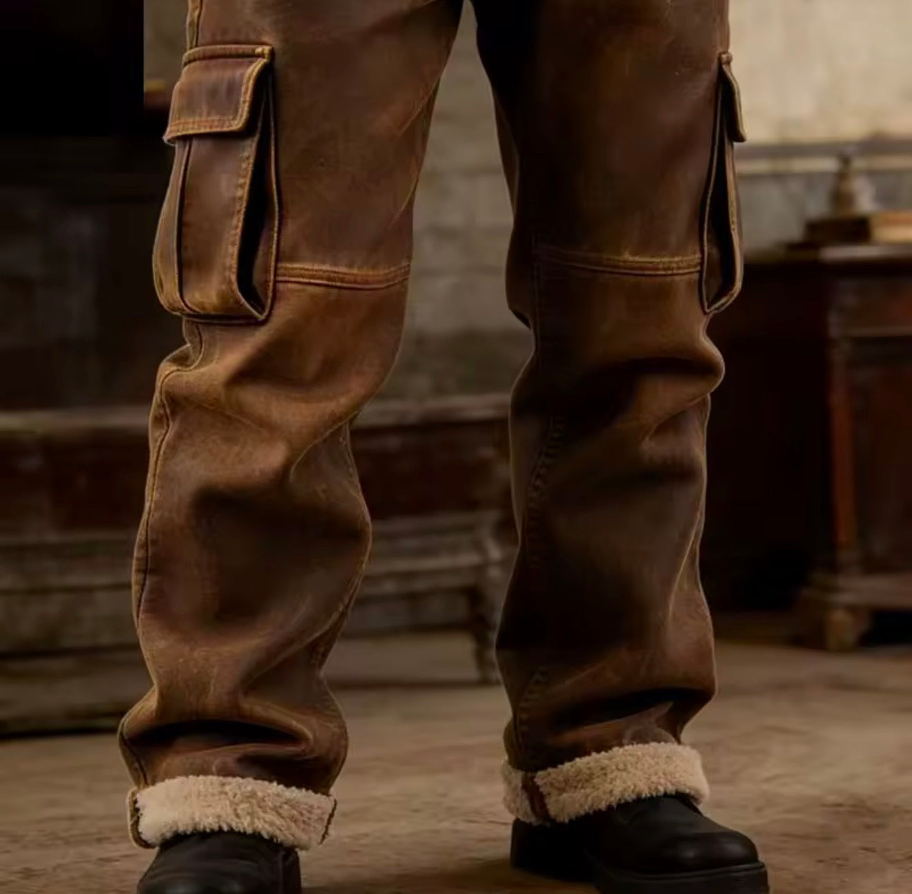 Vintage Brown Cargo Pants Men Retro Casual Outdoor Pants 2026 Winter Multi-Pocket Velvet Warm PU Leather Straight Leg Pants Men