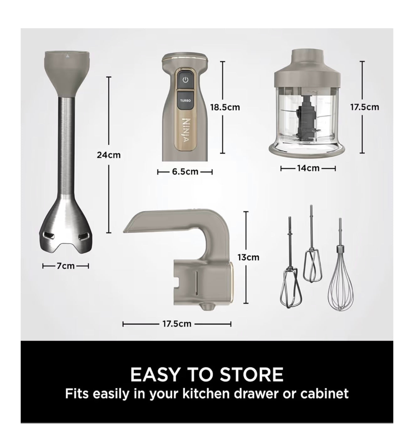 Foodi 3-in-1 Hand Blender, Hand Mixer & Chopper with Gradual Start, 2 Blending and 5 Mixing Speeds to Chop, Mix, Knead, Blend and more, Dishwasher Safe Parts, 850W, Stone Gold CI100UKSTGD