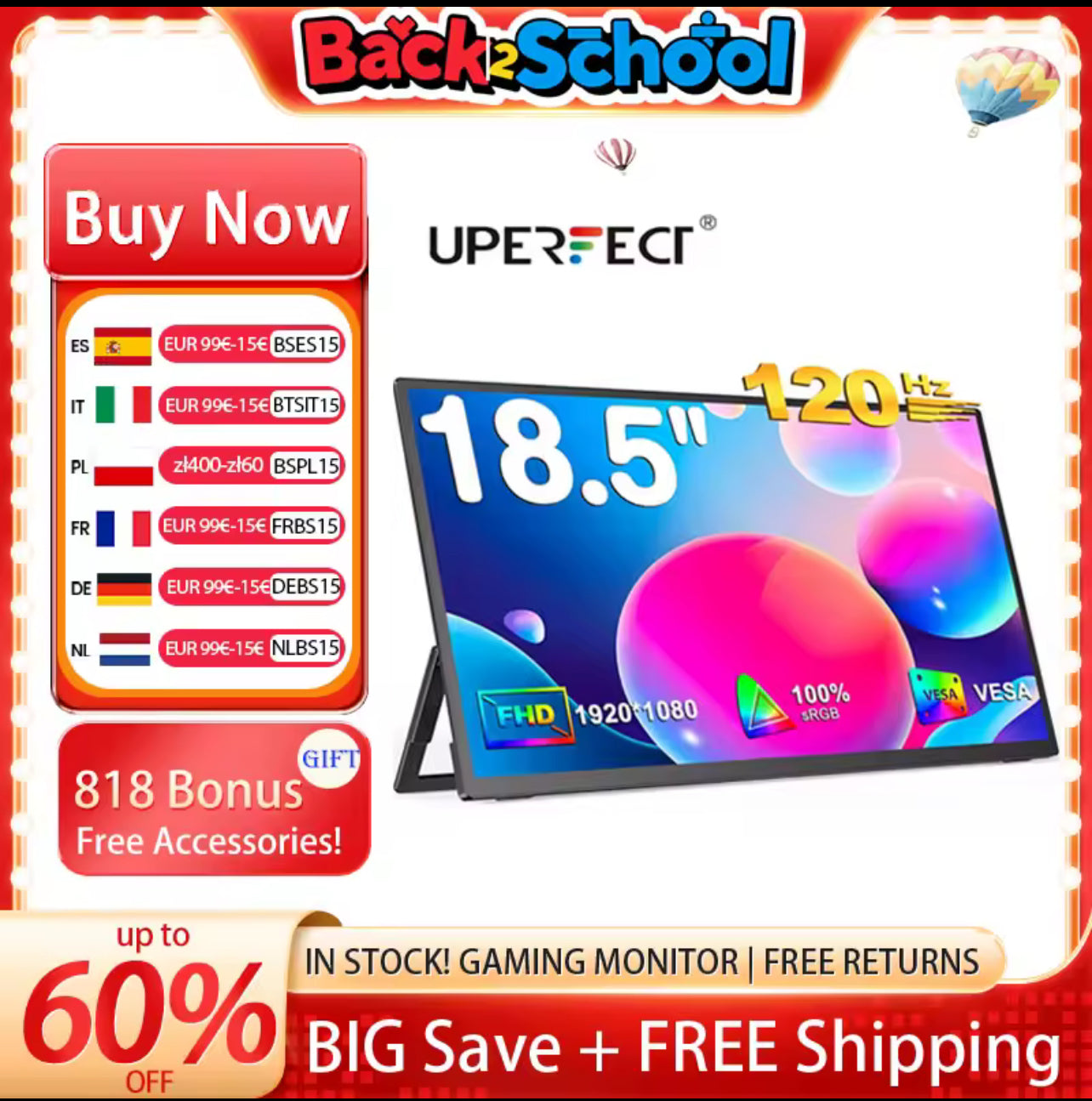 UPERFECT 18.5 Inch Portable Gaming Display – 120Hz IPS, HDMI & USB-C, VESA Adjustable Stand