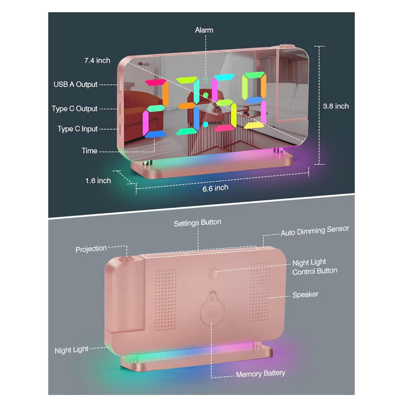 SZELAM Projection Alarm Clock,7.4 in LED Mirror Digital Clocks Projection on Ceiling Wall,with RGB Night Light,USB C Charging Port,Auto Dimming,Modern Desk Clock for Bedroom Decor - Rose Gold