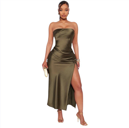 Arlette Tube Satin Maxi Dress Olive