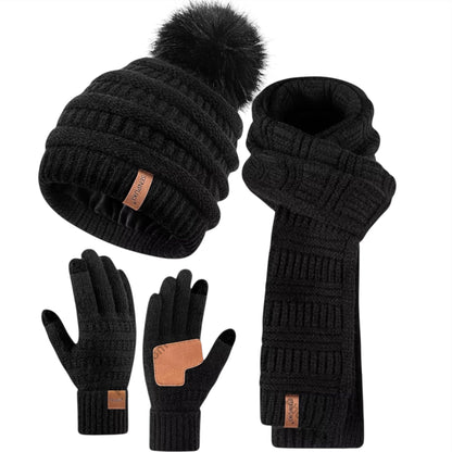 Hat Scarf and Gloves Set Ladies, Cute Pom Pom Winter Beanie Hat for Women with Warm Fleece Lined, Long Knit Bobble Touchscreen Gloves Women Scarf Neck Warmer 3 in 1 Cold Weather Gift Set