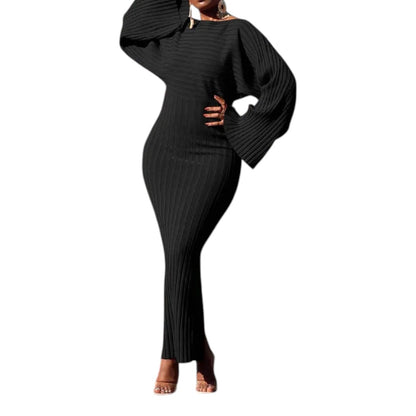 Knitted Dress Women Fashion Round Neck Long Sleeve Bodycon Midi Dresses Female Elegant Loose Dresses