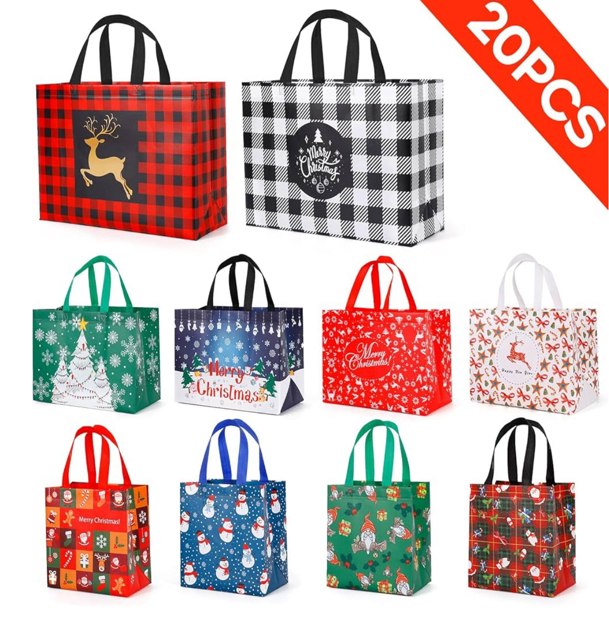 YANGTE 20 Pack Christmas Bags Assorted Sizes, Reusable Non-Woven Christmas Tote Bags with Handle, Perfect for Gift Wrap/Party Favor Supplies (4 Extra Large 8 Large 8 Medium)