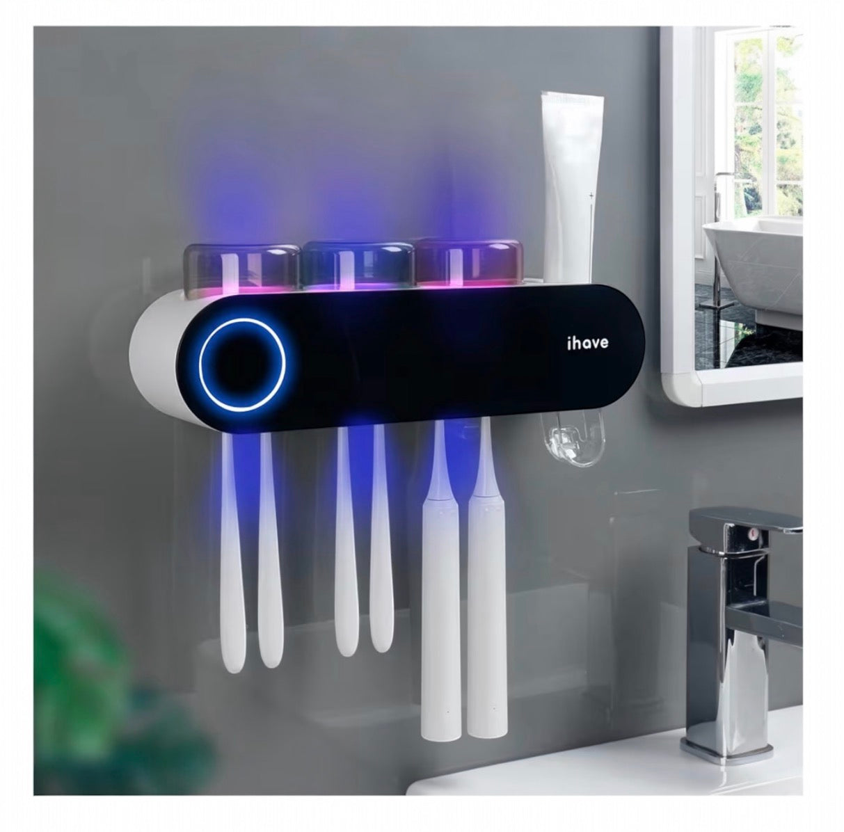 iHave Toothbrush Holder for Bathroom, UV Toothbrush Sanitizer and Holder Smart Home Bathroom Accessories, 3 Cups Electric Toothbrush Holder Wall Mounted with Toothpaste Dispenser Bathroom Decor