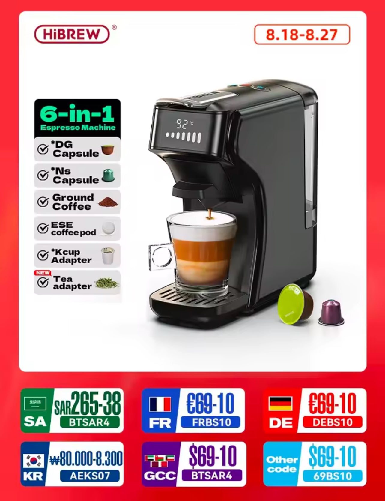 HiBREW 6-in-1 Capsule Coffee Machine – Hot & Cold, Espresso, Cappuccino, Compatible with Dolce Gusto, Nespresso & Ground Coffee (H1B)