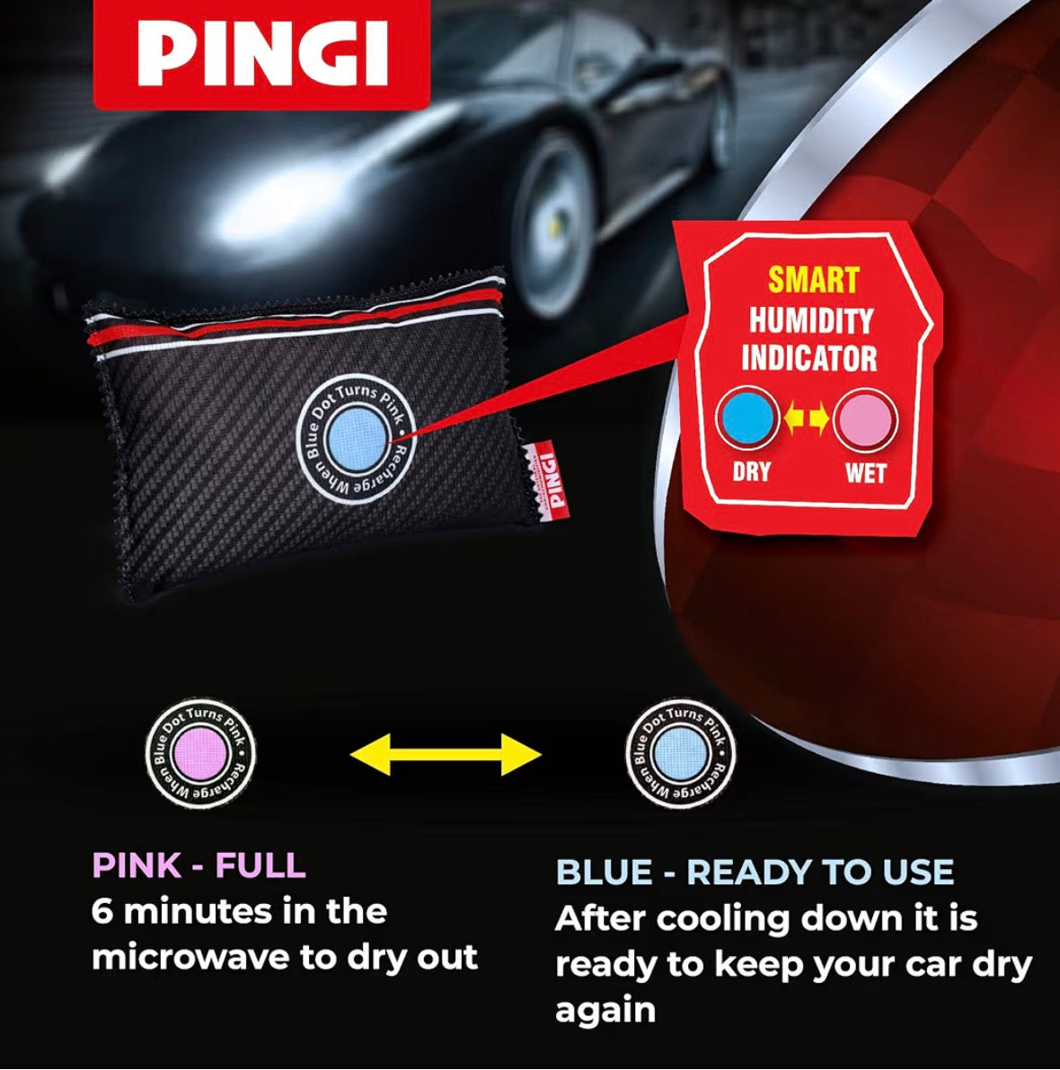 Pingi Reusable Car Dehumidifier Bags (4 x 350g) - Moisture Condensation Damp Absorber for Car & Home, 100% Leakproof & Reusable, Microwave Rechargeable Dehumidifier for Cars