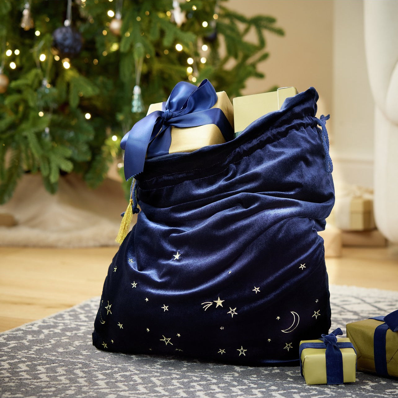 Gold Moons and Stars Navy Christmas Sack