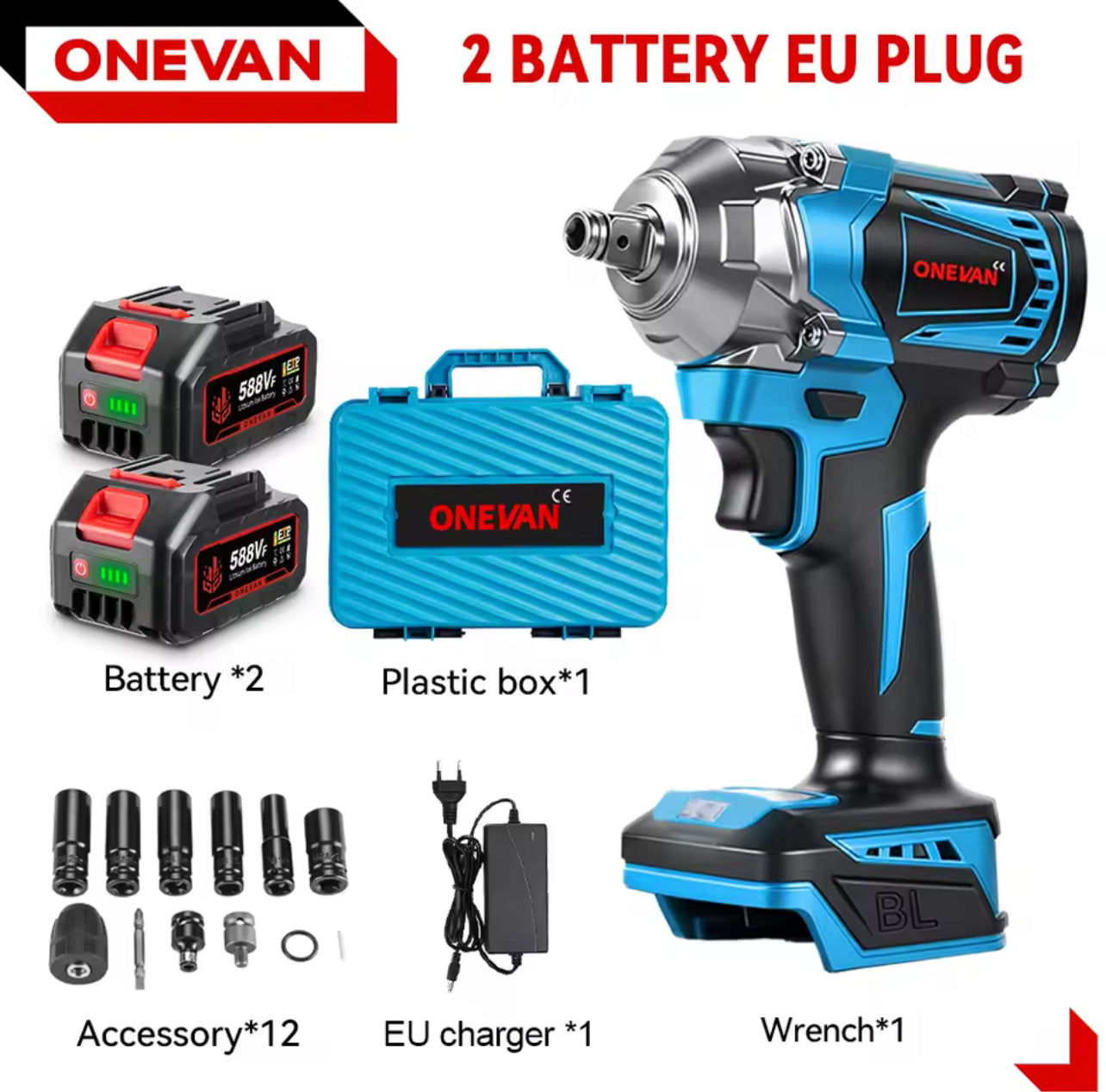 ONEVAN 1200N·m Brushless Electric Impact Wrench – 1/2 Inch Cordless Power Tool, Compatible with Makita 18V Battery
