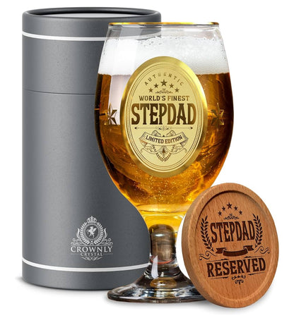 CROWNLY CRYSTAL® Step Dad Birthday Gifts Personalised Beer Glass Fathers Gifts from Daughter Son Pint Engraved Glass