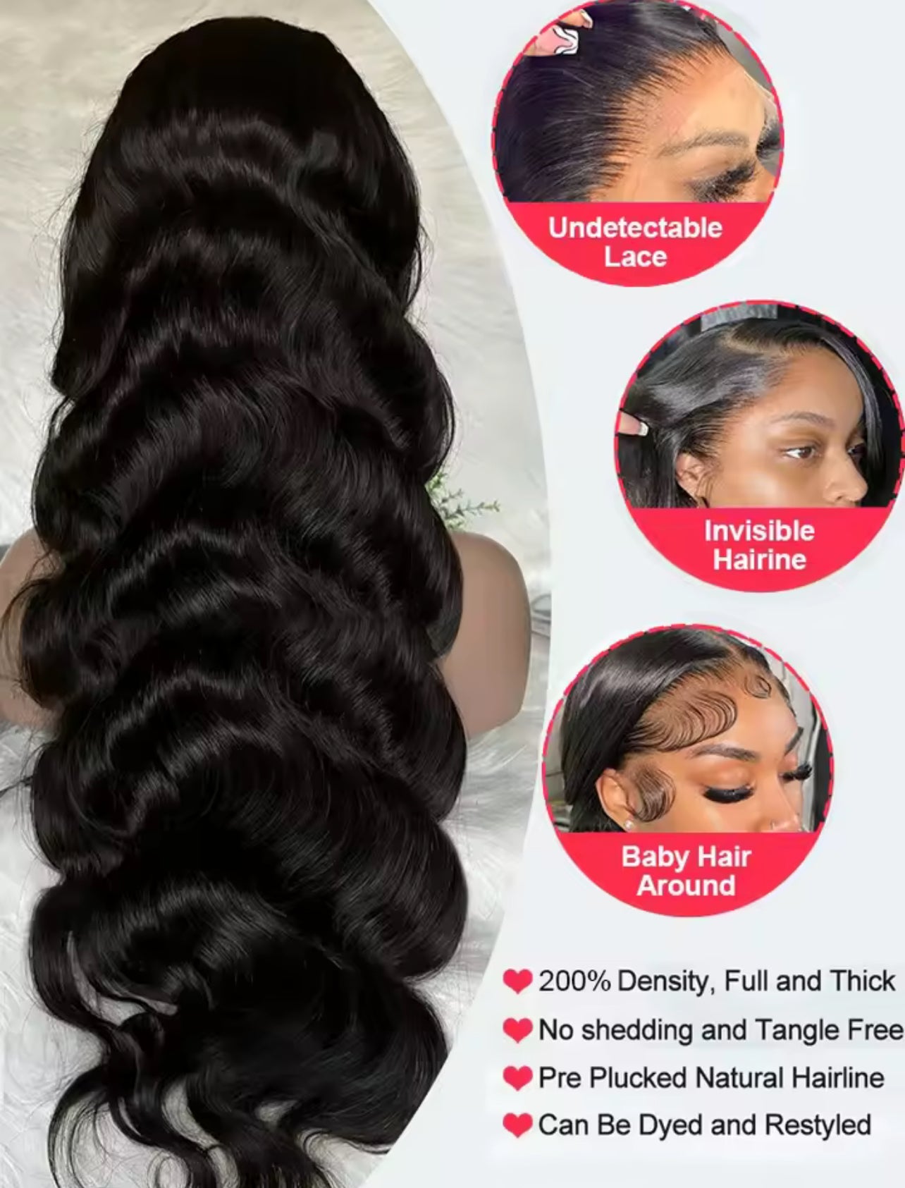 100% Human Hair Lace Front Wig – 13x6 Body Wave, 13x4 Front, HD Lace, Pre-Plucked, 30–40 Inch, Brazilian Hair, 200% Density