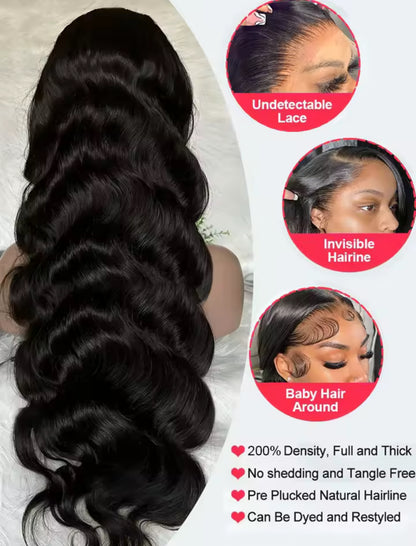 100% Human Hair Lace Front Wig – 13x6 Body Wave, 13x4 Front, HD Lace, Pre-Plucked, 30–40 Inch, Brazilian Hair, 200% Density