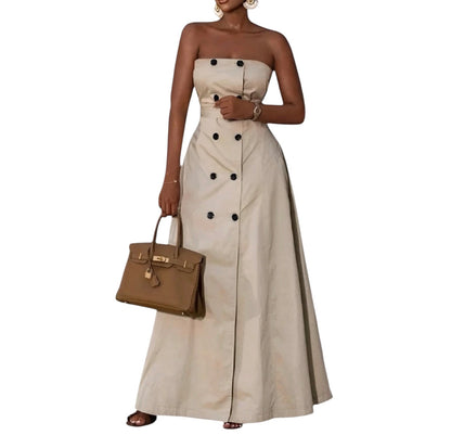 Freeacy Women’s Khaki Strapless Double-Breasted Dress – Elegant Office & Party Wear (Delivered within 2-3 weeks from the day of purchase)