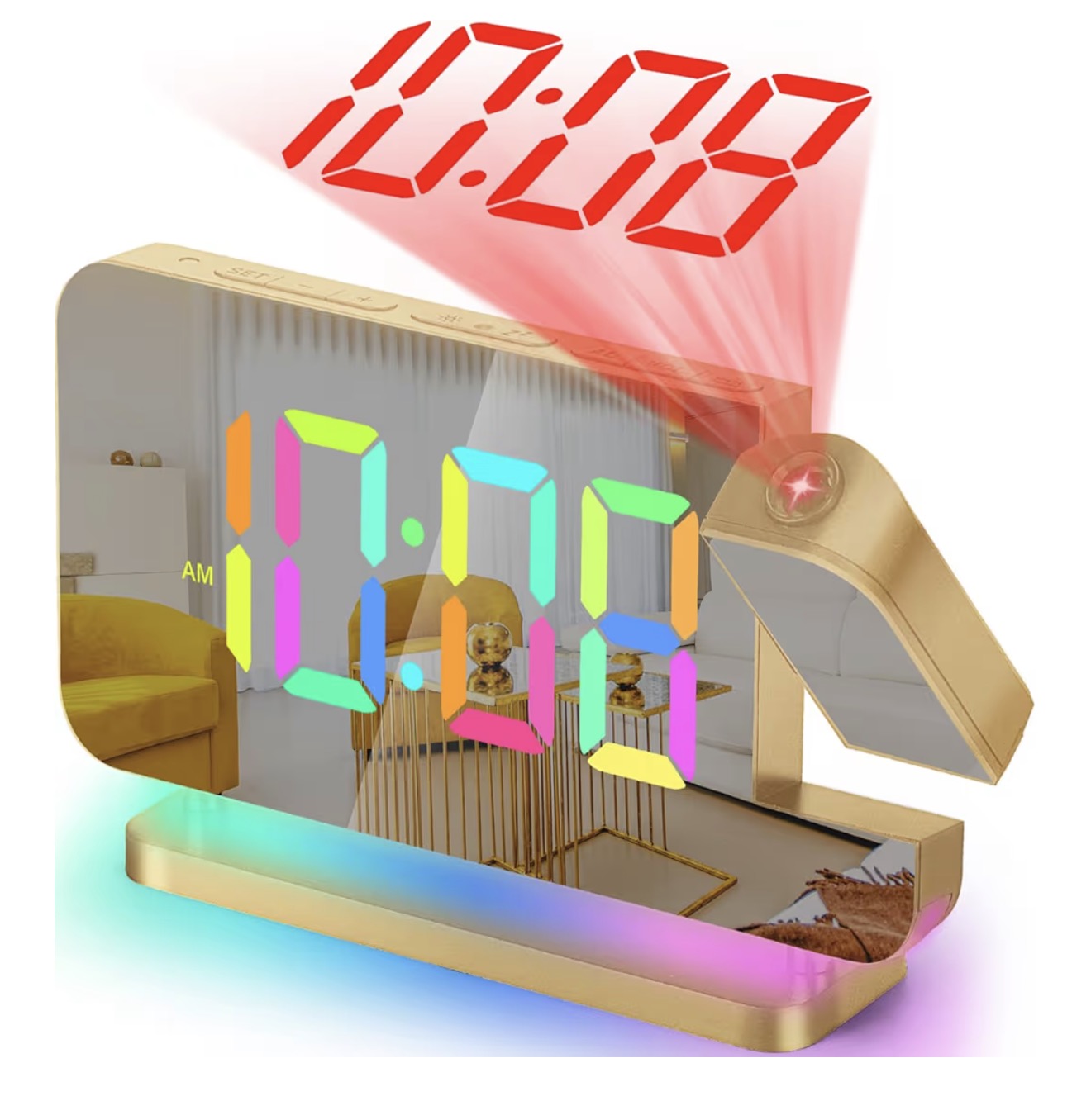 SZELAM Projection Alarm Clock,7.4 in LED Mirror Digital Clocks Projection on Ceiling Wall,with RGB Night Light,USB C Charging Port,Auto Dimming,Modern Desk Clock for Bedroom Decor - Rose Gold