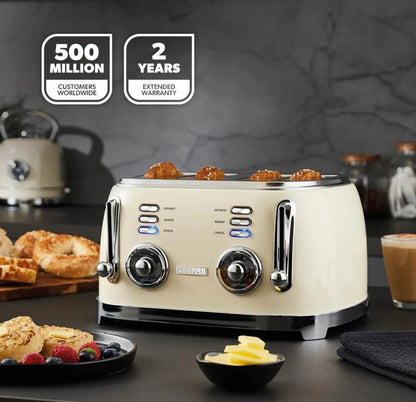 GEEPAS 4-Slice Bread Toaster – Retro Cream Design | 6 Browning Levels | 1500W Power