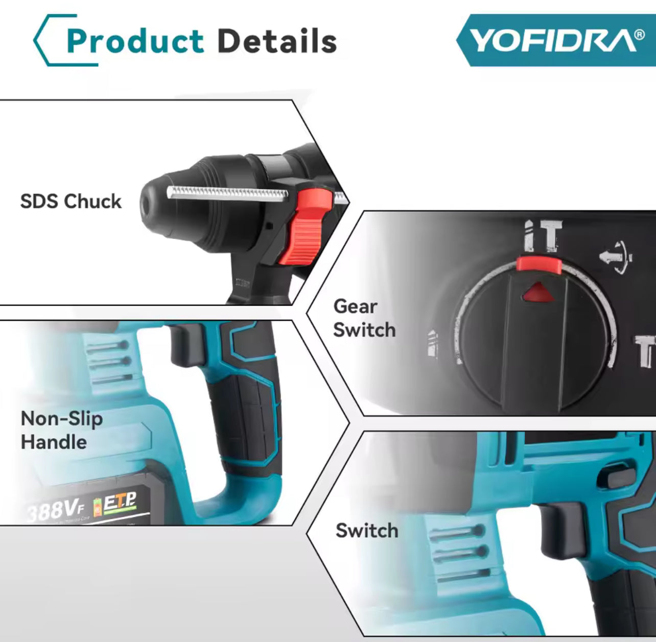 YOFIDRA 26mm Brushless Electric Hammer Drill – Cordless Multifunctional Rotary Tool, Rechargeable, Compatible with Makita Batteries