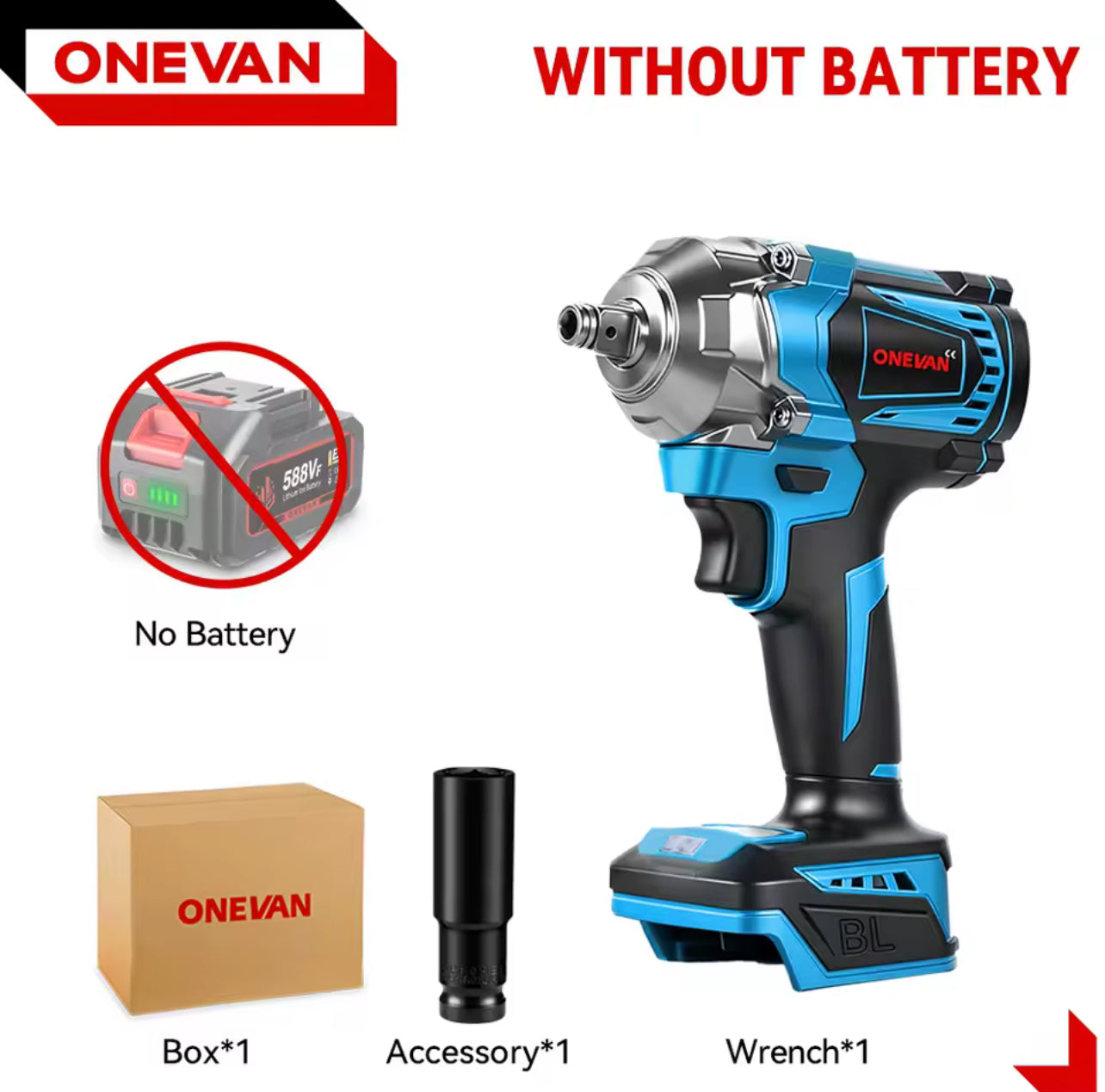ONEVAN 1200N·m Brushless Electric Impact Wrench – 1/2 Inch Cordless Power Tool, Compatible with Makita 18V Battery