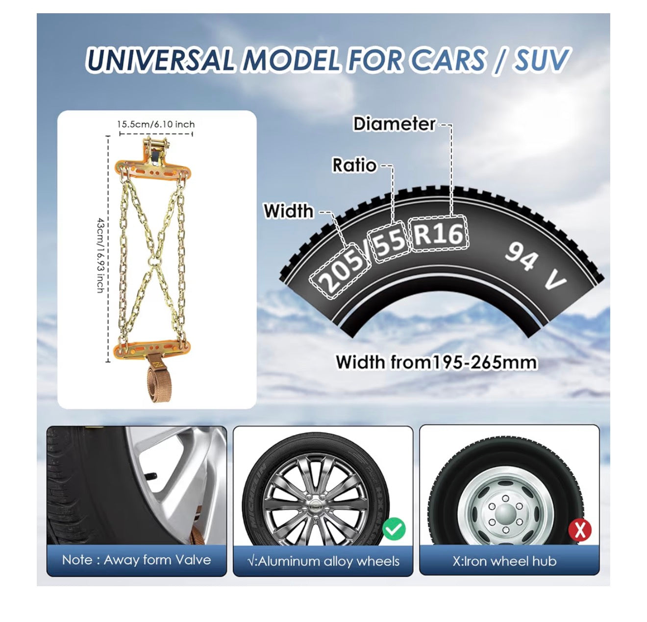 Ninonly Snow Chains for Cars 6PCS Universal Snow Chains Emergency Traction Tire Chains All Season for Vehicle Car Truck SUV fit Tyre Width 195mm-265mm for Mud,Sand, Snow,Ice,Climbing