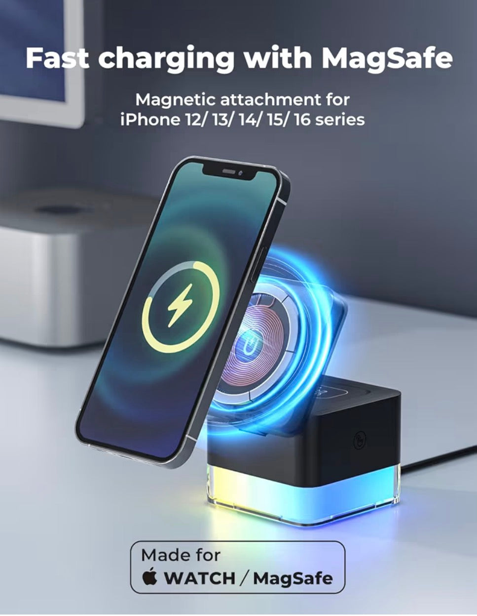 4 in 1 Wireless Charging Station for Apple with Night Light, Foldable 3 in 1 Iphone/Watch/AirPods Charger Stand 15W (6.8 * 6.8 * 6.8cm)