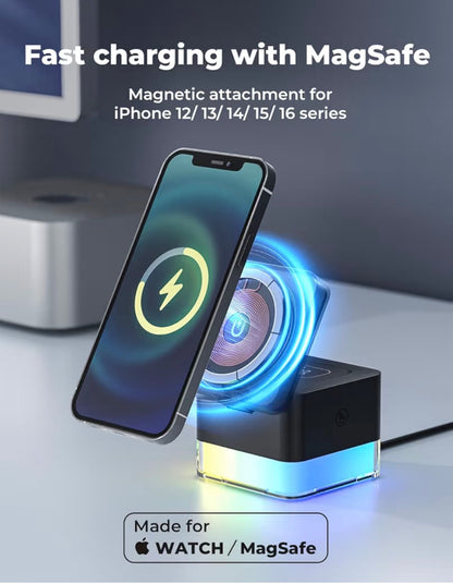 4 in 1 Wireless Charging Station for Apple with Night Light, Foldable 3 in 1 Iphone/Watch/AirPods Charger Stand 15W (6.8 * 6.8 * 6.8cm)